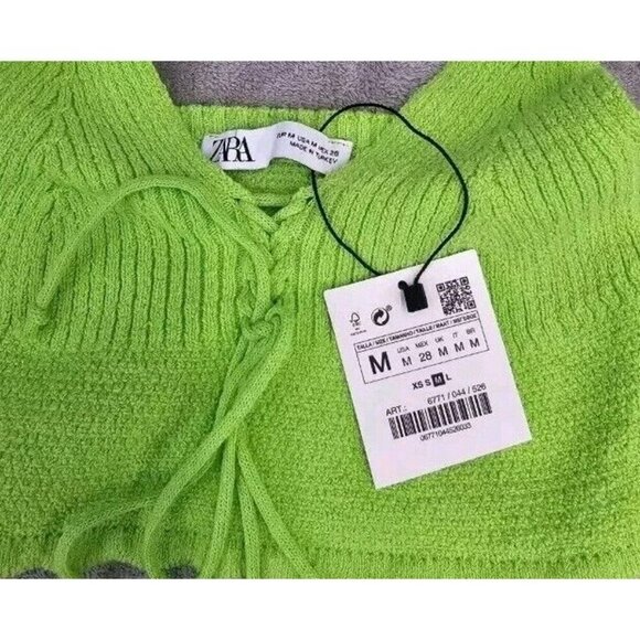 Zara Tank Top Medium Cropped Knit pull on lace up front scalloped 6771 044 - Picture 2 of 5